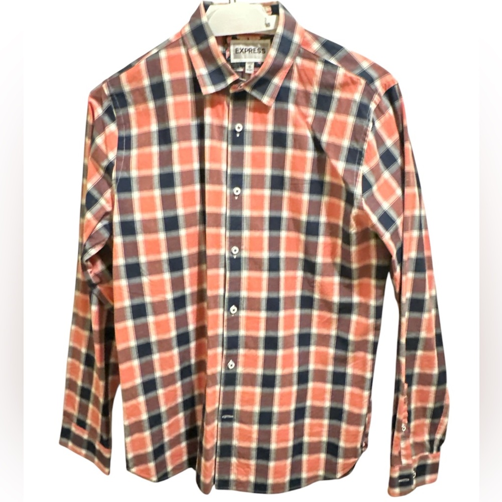 Men’s Long Sleeve Orange Plaid Shirt